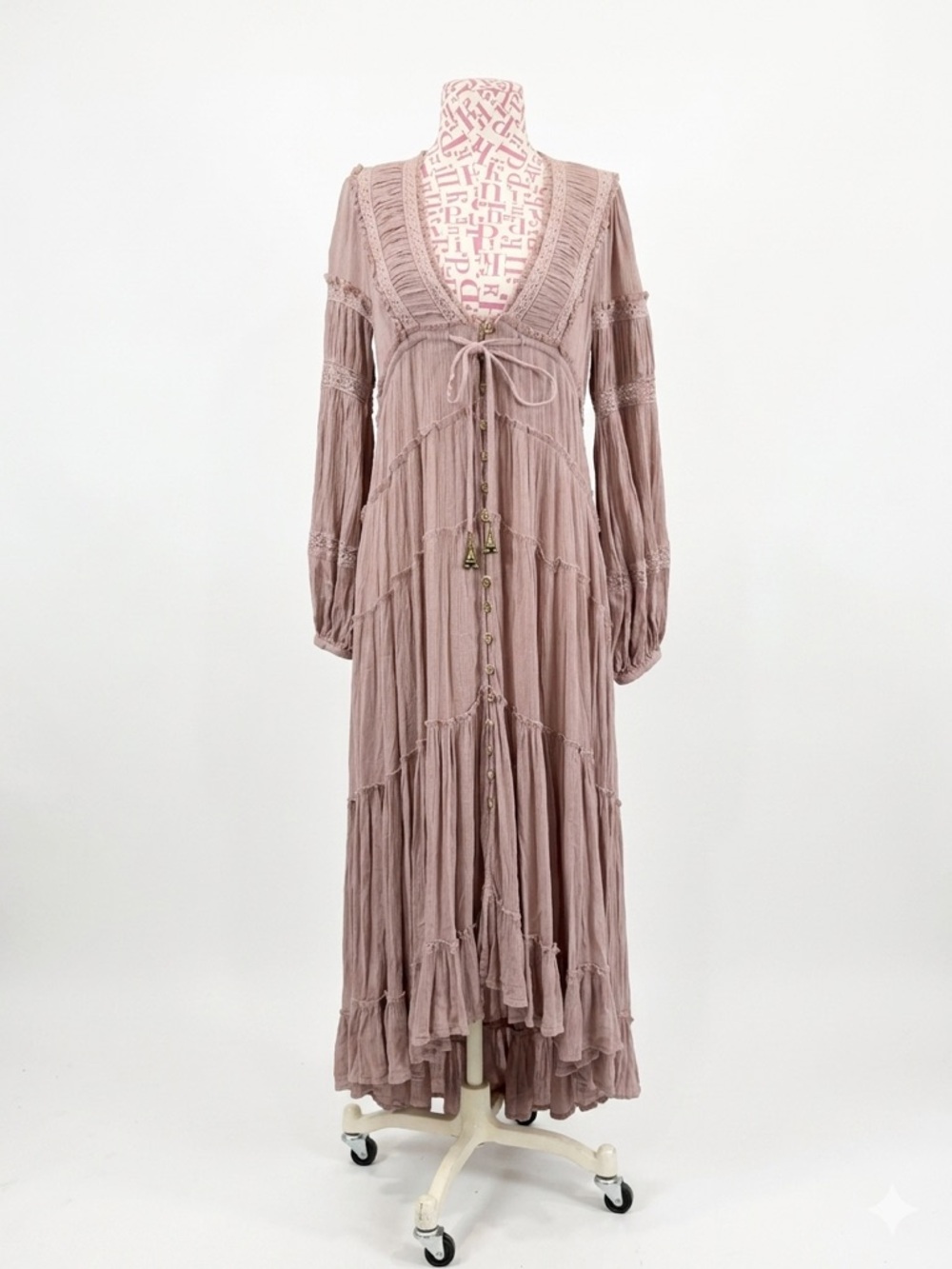 Free People Cassis Tiered Layered Boho Maxi Dress In Mauve Size XS Raw Edge